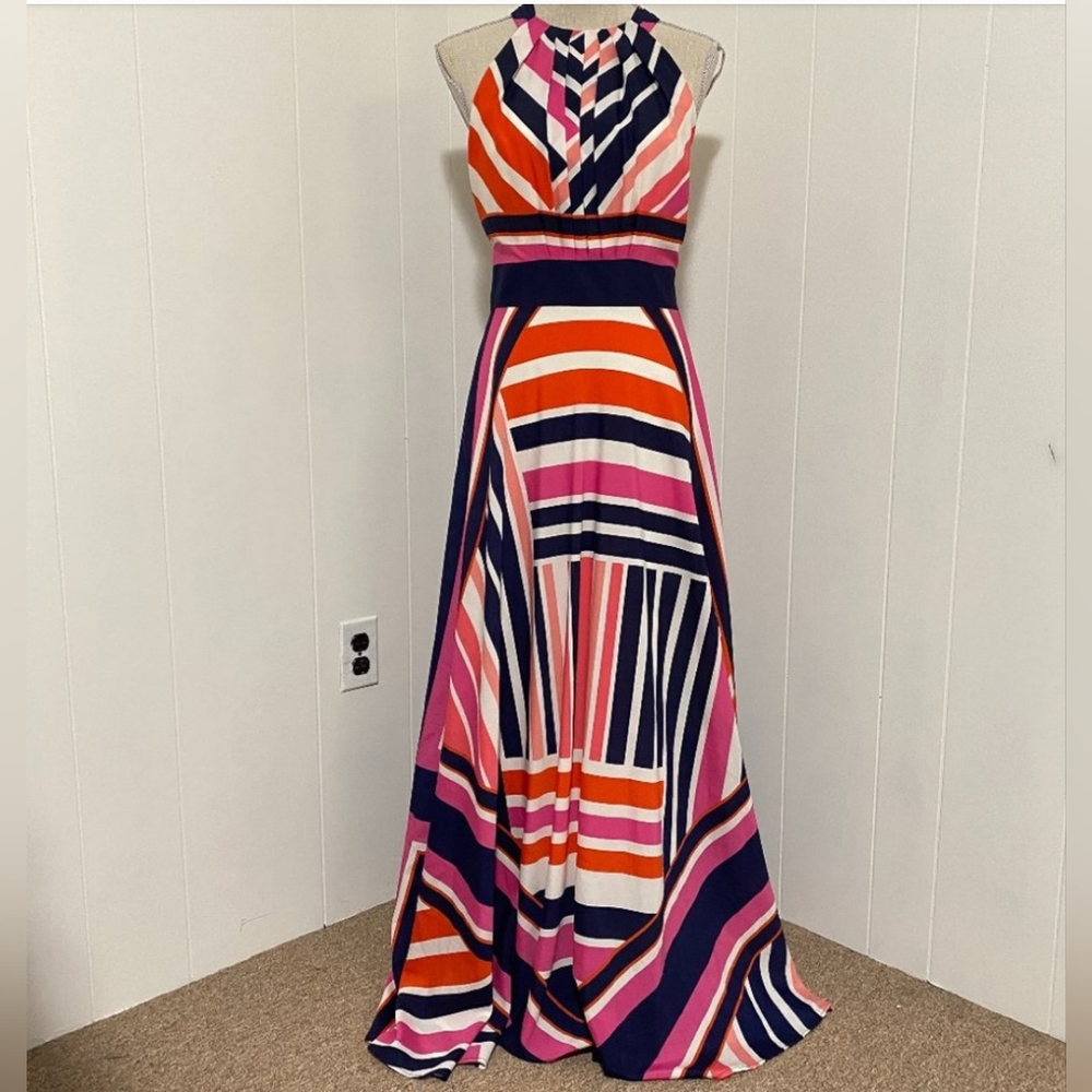 Eliza J Stripe Print Crêpe De Chine Fit & Flare Maxi Dress Halter Neck Tie Sz 14